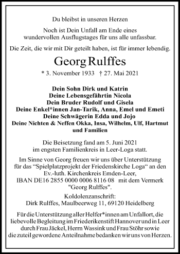 Traueranzeige von Georg Rulffes von Hannoversche Allgemeine Zeitung/Neue Presse