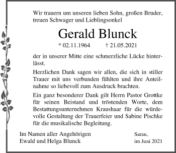 Traueranzeige von Gerald Blunck von Lübecker Nachrichten
