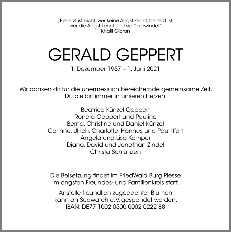  Traueranzeige für Gerald Geppert vom 05.06.2021 aus Göttinger Tageblatt