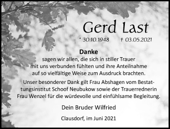 Traueranzeige von Gerd Last von Ostsee-Zeitung GmbH