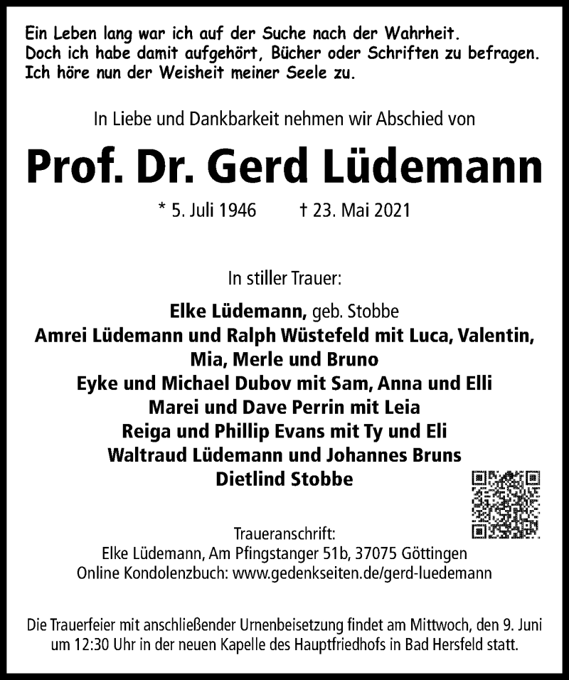  Traueranzeige für Gerd Lüdemann vom 05.06.2021 aus Göttinger Tageblatt