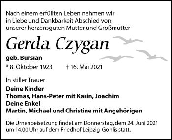 Traueranzeige von Gerda Czygan von Leipziger Volkszeitung