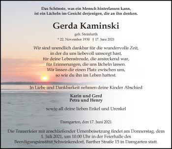 Traueranzeige von Gerda Kaminski von Ostsee-Zeitung GmbH