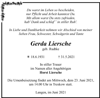 Traueranzeige von Gerda Liersche von Märkischen Allgemeine Zeitung