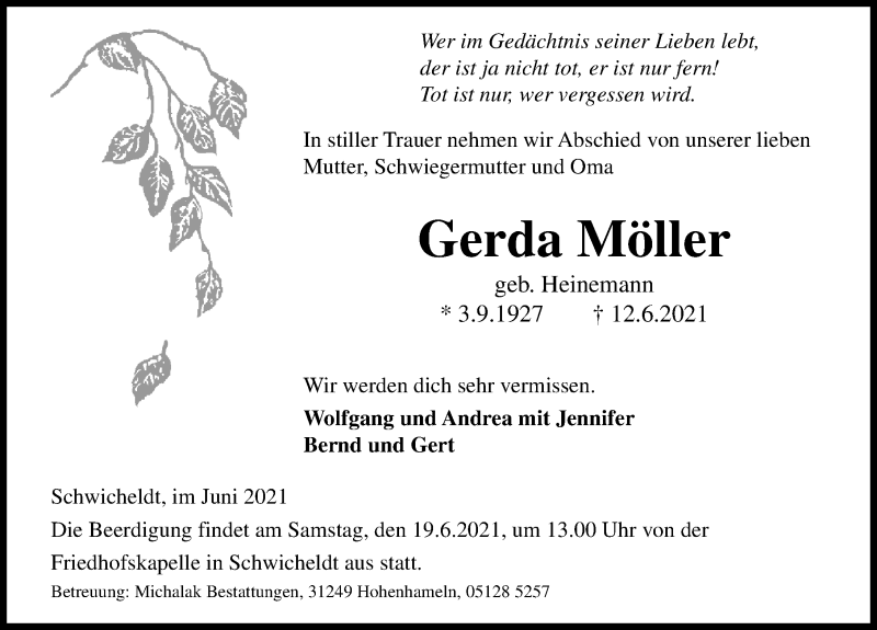  Traueranzeige für Gerda Möller vom 15.06.2021 aus Peiner Allgemeine Zeitung