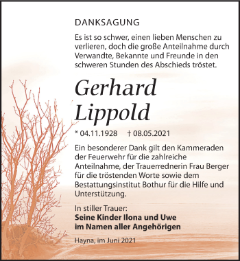 Traueranzeige von Gerhard Lippold von Leipziger Volkszeitung