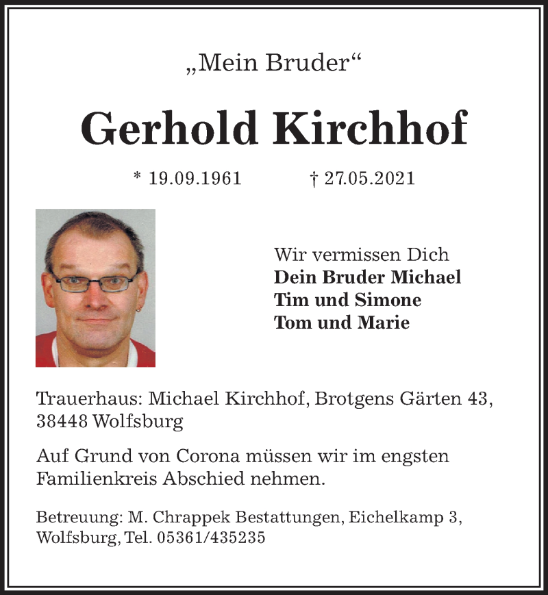  Traueranzeige für Gerhold Kirchhof vom 04.06.2021 aus Aller Zeitung