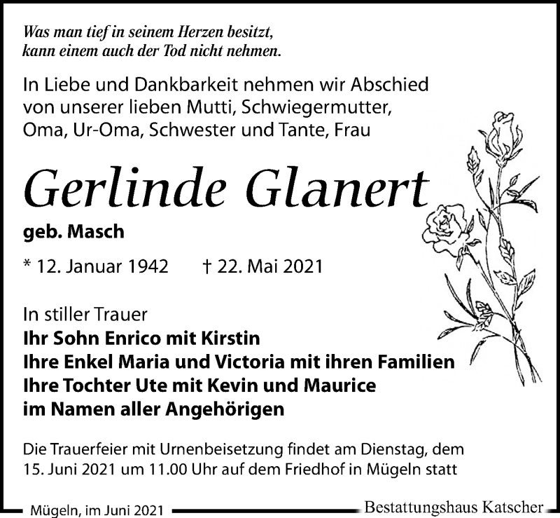  Traueranzeige für Gerlinde Glanert vom 05.06.2021 aus Leipziger Volkszeitung