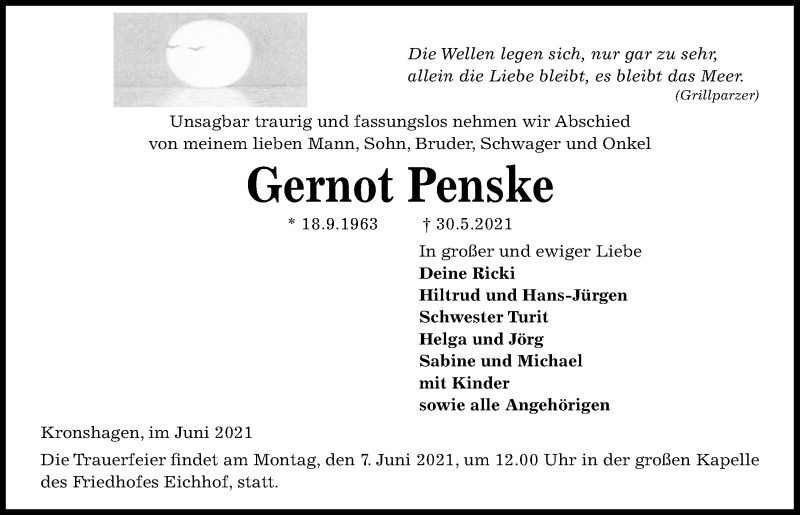  Traueranzeige für Gernot Penske vom 05.06.2021 aus Kieler Nachrichten