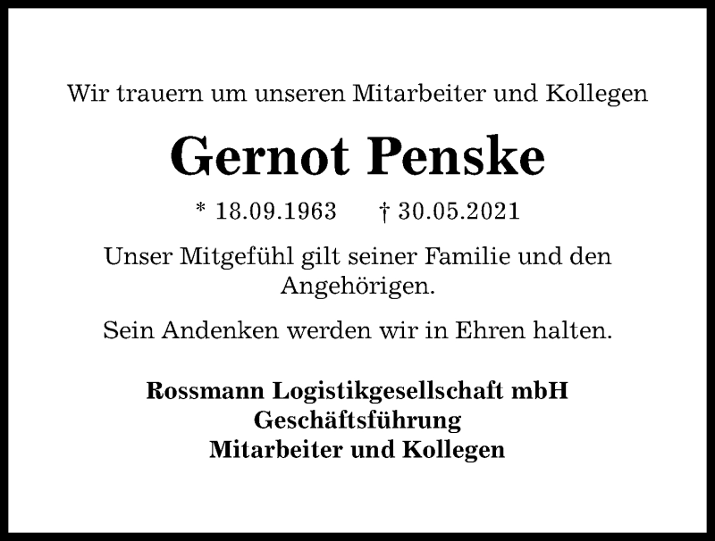  Traueranzeige für Gernot Penske vom 05.06.2021 aus Kieler Nachrichten