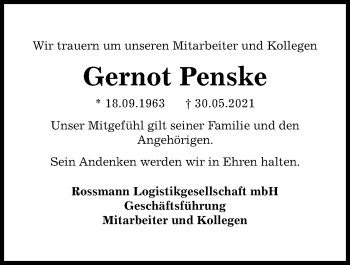 Traueranzeige von Gernot Penske von Kieler Nachrichten