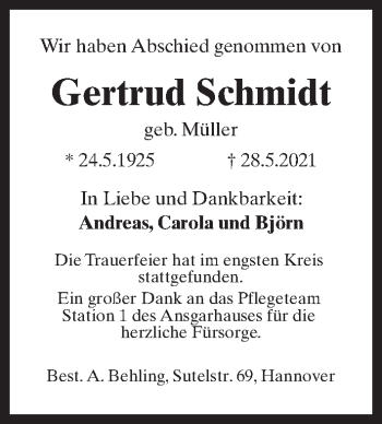 Traueranzeige von Gertrud Schmidt von Hannoversche Allgemeine Zeitung/Neue Presse