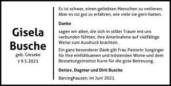 Traueranzeige von Gisela Busche von Hannoversche Allgemeine Zeitung/Neue Presse