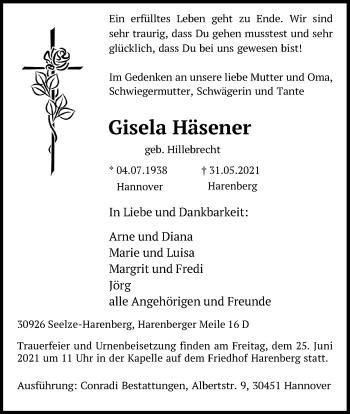 Traueranzeige von Gisela Häsener von Hannoversche Allgemeine Zeitung/Neue Presse