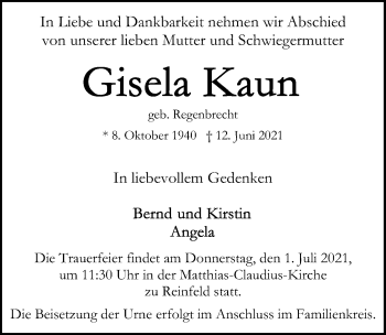 Traueranzeige von Gisela Kaun von Lübecker Nachrichten