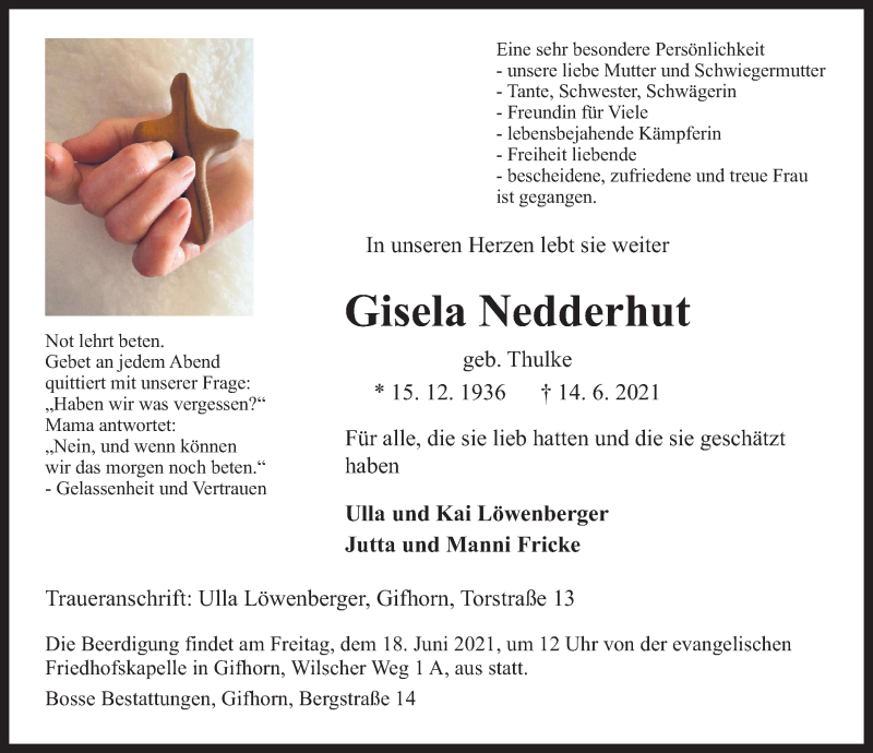  Traueranzeige für Gisela Nedderhut vom 16.06.2021 aus Aller Zeitung