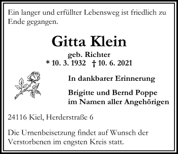 Traueranzeige von Gitta Klein von Kieler Nachrichten