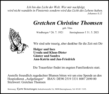 Traueranzeige von Gretchen Christine Thomsen von Hannoversche Allgemeine Zeitung/Neue Presse