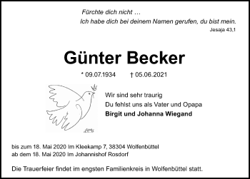 Traueranzeige von Günter Becker von Göttinger Tageblatt