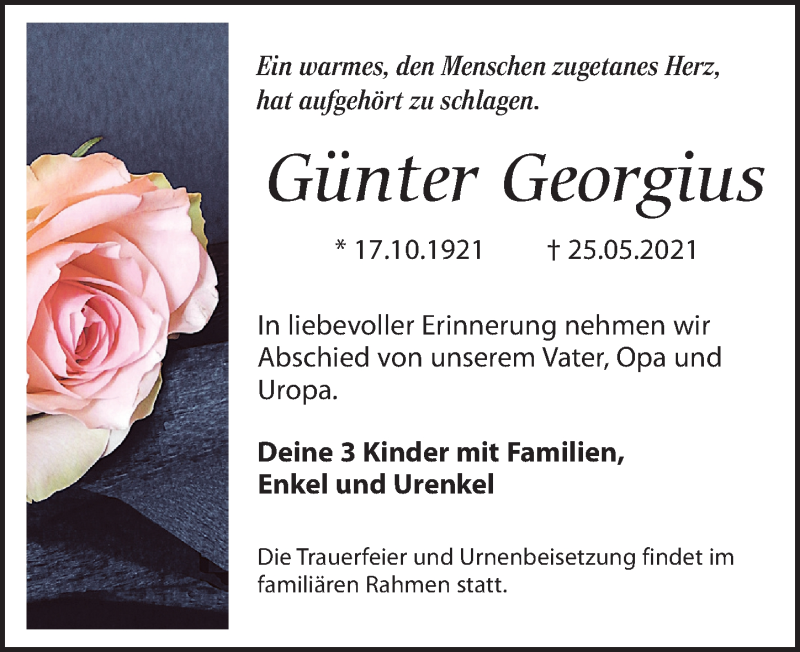  Traueranzeige für Günter Georgius vom 19.06.2021 aus Leipziger Volkszeitung