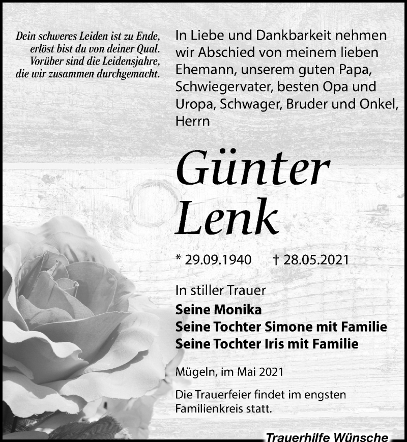  Traueranzeige für Günter Lenk vom 05.06.2021 aus Leipziger Volkszeitung