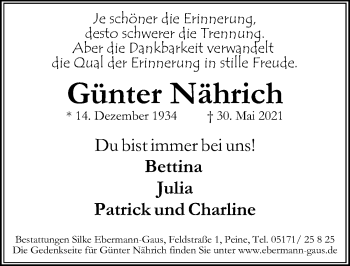 Traueranzeige von Günter Nährich von Peiner Allgemeine Zeitung