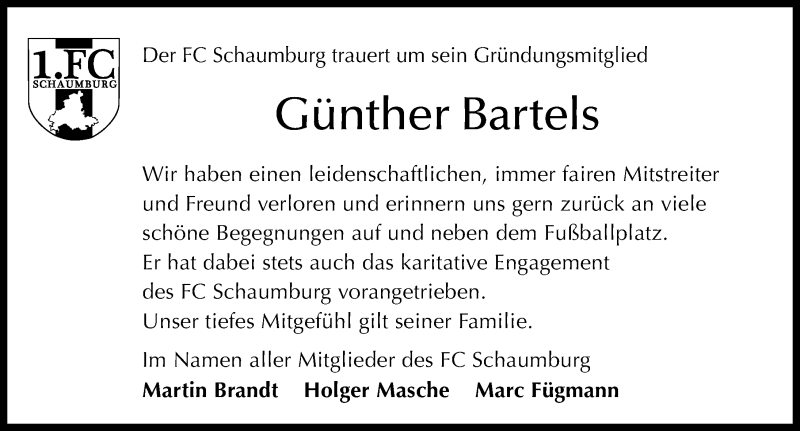  Traueranzeige für Günther Bartels vom 05.06.2021 aus Schaumburger Nachrichten