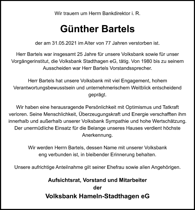  Traueranzeige für Günther Bartels vom 05.06.2021 aus Schaumburger Nachrichten