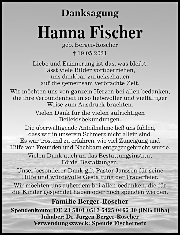  Traueranzeige für Hanna Fischer vom 26.06.2021 aus Kieler Nachrichten
