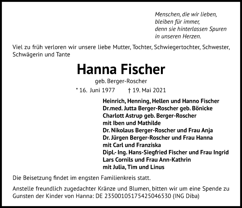  Traueranzeige für Hanna Fischer vom 12.06.2021 aus Kieler Nachrichten