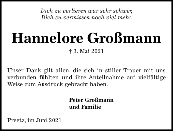 Traueranzeige von Hannelore Großmann von Kieler Nachrichten