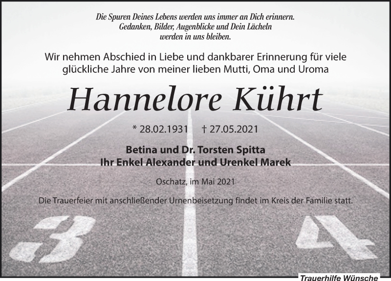  Traueranzeige für Hannelore Kührt vom 05.06.2021 aus Leipziger Volkszeitung