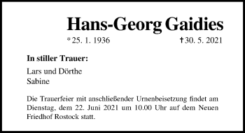 Traueranzeige von Hans-Georg Gaidies von Ostsee-Zeitung GmbH