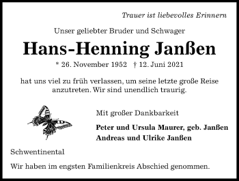 Traueranzeige von Hans-Henning Janßen von Kieler Nachrichten