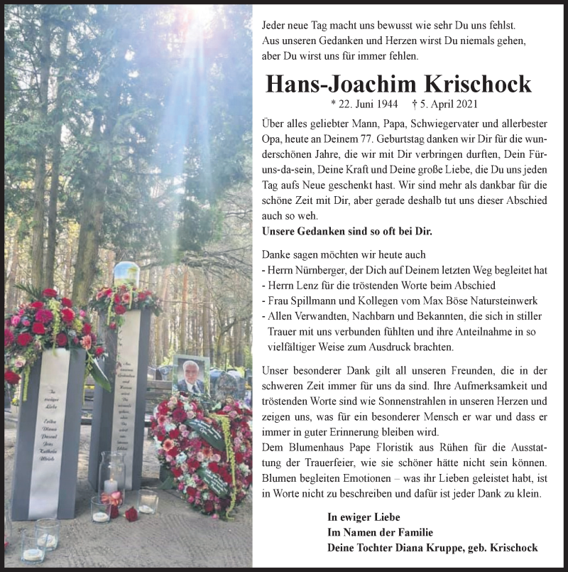  Traueranzeige für Hans-Joachim Krischock vom 22.06.2021 aus Aller Zeitung