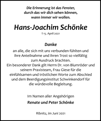 Traueranzeige von Hans-Joachim Schönke von Ostsee-Zeitung GmbH