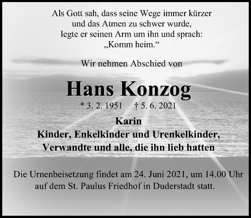  Traueranzeige für Hans Konzog vom 19.06.2021 aus Eichsfelder Tageblatt