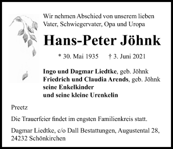 Traueranzeige von Hans-Peter Jöhnk von Kieler Nachrichten