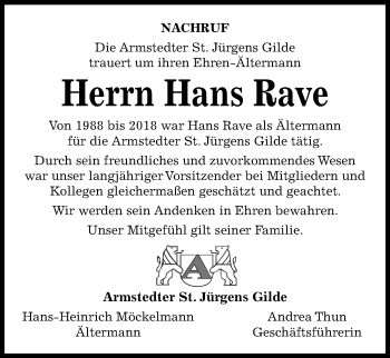 Traueranzeige von Hans Rave von Kieler Nachrichten