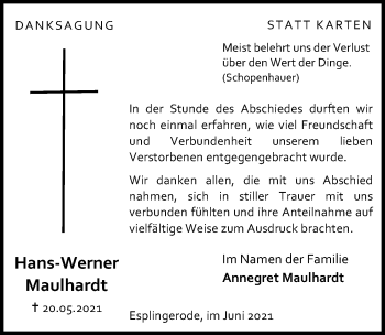 Traueranzeige von Hans-Werner Maulhardt von Eichsfelder Tageblatt