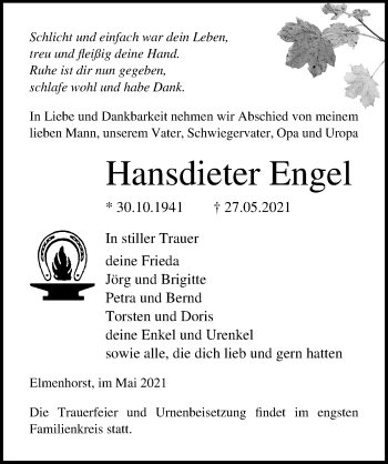 Traueranzeige von Hansdieter Engel von Ostsee-Zeitung GmbH