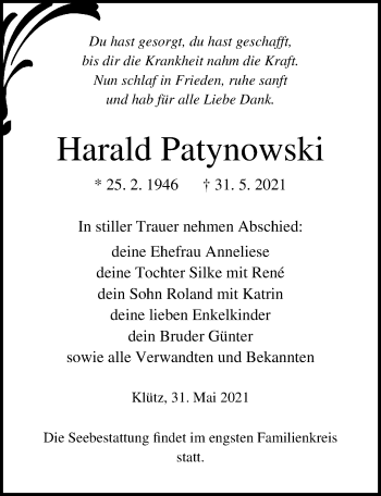Traueranzeige von Harald Patynowski von Ostsee-Zeitung GmbH
