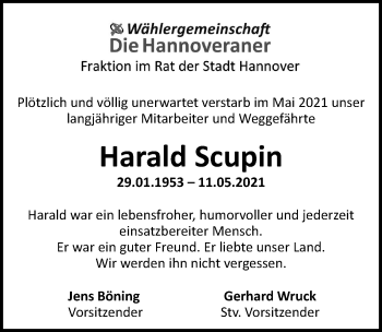 Traueranzeige von Harald Scupin von Hannoversche Allgemeine Zeitung/Neue Presse