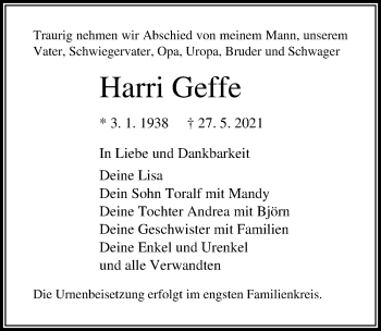 Traueranzeige von Harri Geffe von Ostsee-Zeitung GmbH