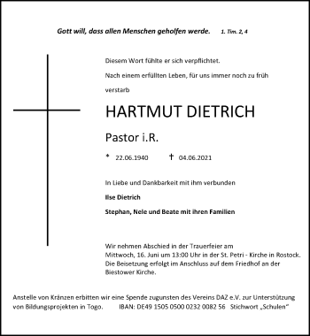 Traueranzeige von Hartmut Dietrich von Ostsee-Zeitung GmbH