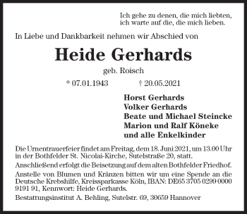Traueranzeige von Heide Gerhards von Hannoversche Allgemeine Zeitung/Neue Presse