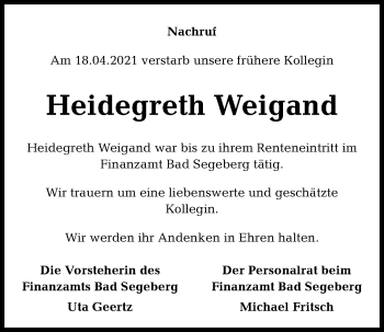 Traueranzeige von Heidegreth Weigand von Kieler Nachrichten