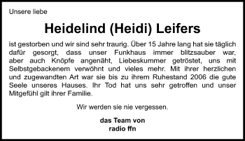 Traueranzeige von Heidelind Leifers von Hannoversche Allgemeine Zeitung/Neue Presse