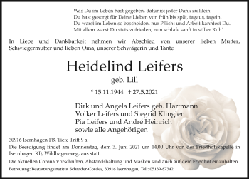 Traueranzeige von Heidelind Leifers von Hannoversche Allgemeine Zeitung/Neue Presse