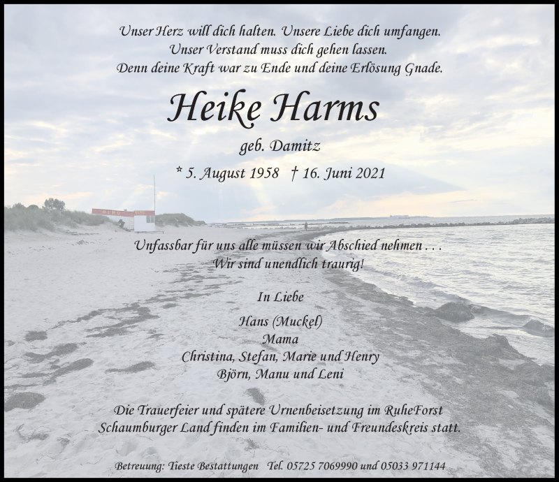  Traueranzeige für Heike Harms vom 22.06.2021 aus Schaumburger Nachrichten